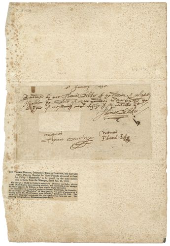 Receipt signed by Thomas Dekker for loan of £3