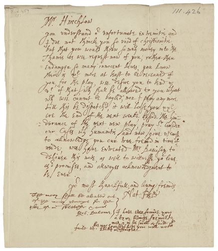 Facsimile of letter from Nathan Field